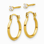 14K Yellow Gold 1.50 mm Hoop & 2.5 mm White CZ Screwback Post Set of 2 Earrings - Product Photo