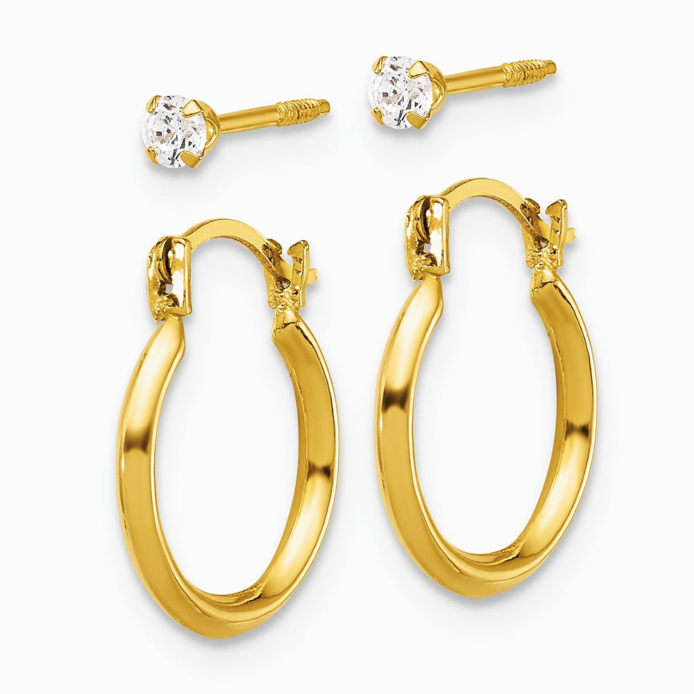 14K Yellow Gold 1.50 mm Hoop & 2.5 mm White CZ Screwback Post Set of 2 Earrings - Product Photo