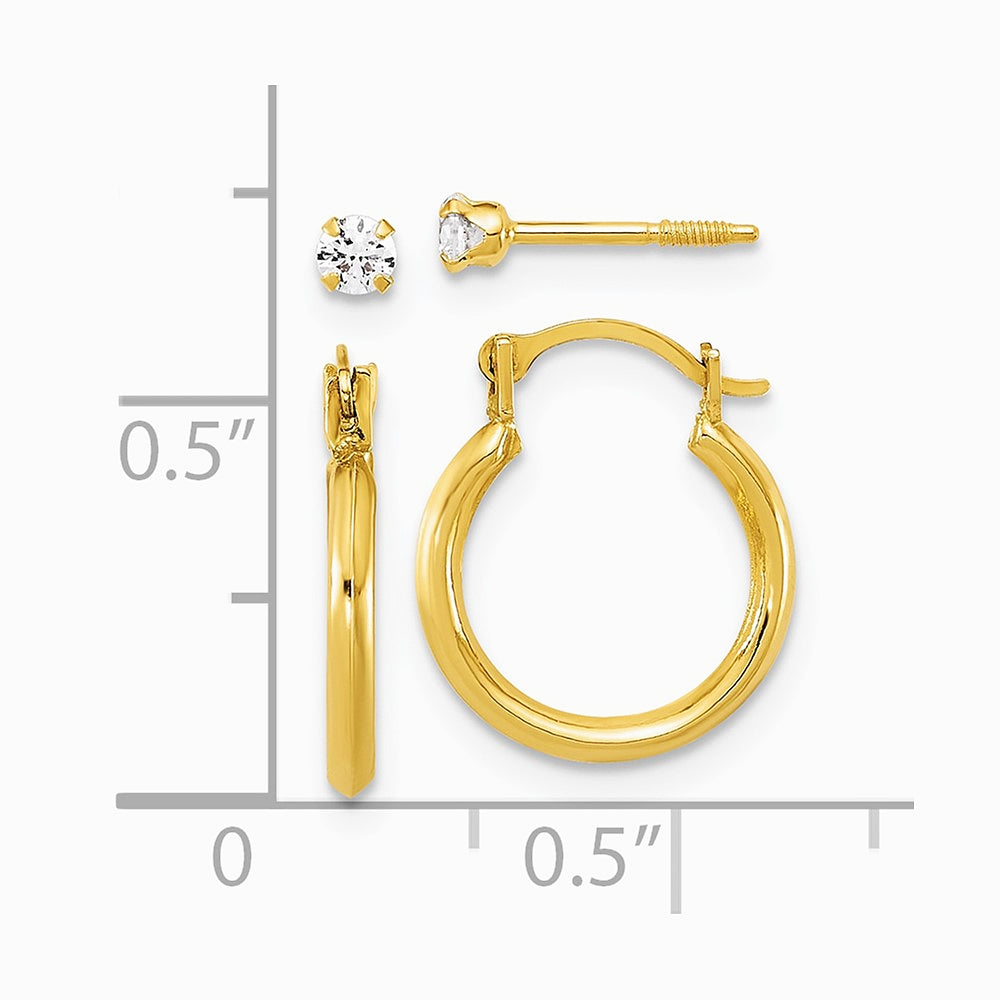 14K Yellow Gold 1.50 mm Hoop & 2.5 mm White CZ Screwback Post Set of 2 Earrings - Product Photo