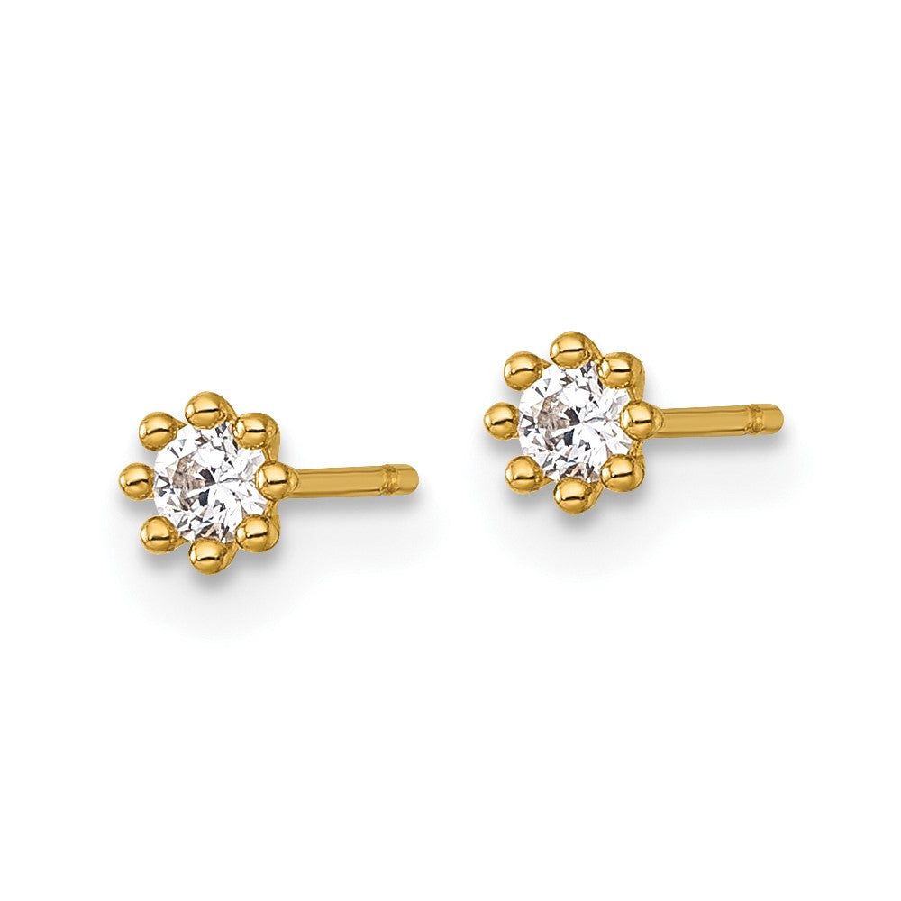 14k Polished and Beaded Round CZ Post Earrings - Product Photo