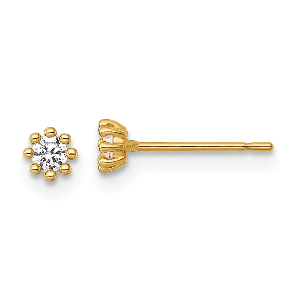14k Polished and Beaded Round CZ Post Earrings - Product Photo