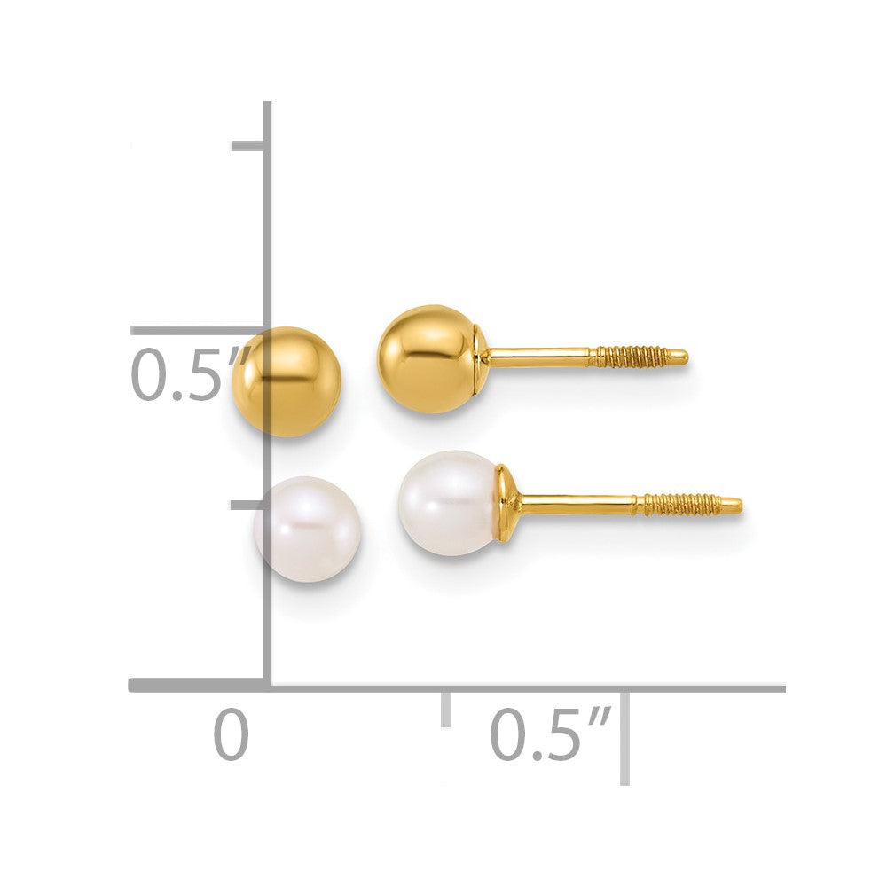 14K Yellow Gold Polished Ball and 3-4mm FWC Pearl Screwback Set of 2 Earrings - Product Photo