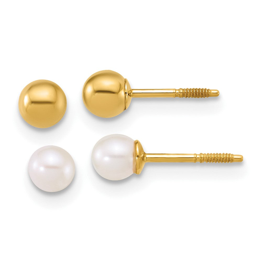 14K Yellow Gold Polished Ball and 3-4mm FWC Pearl Screwback Set of 2 Earrings - Product Photo