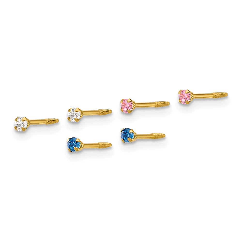 14k Polished 2mm White Pink And Blue CZ Screwback Set of 3 Earrings - Product Photo
