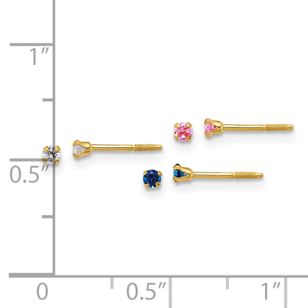 14k Polished 2mm White Pink And Blue CZ Screwback Set of 3 Earrings - Product Photo