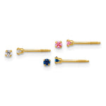 14k Polished 2mm White Pink And Blue CZ Screwback Set of 3 Earrings - Product Photo