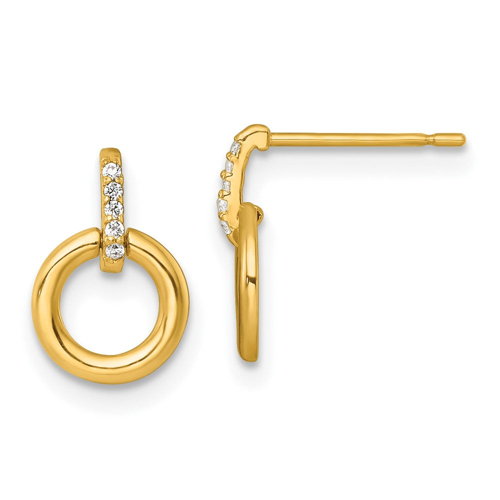 14K Yellow Gold Polished CZ Circle Post Dangle Earrings