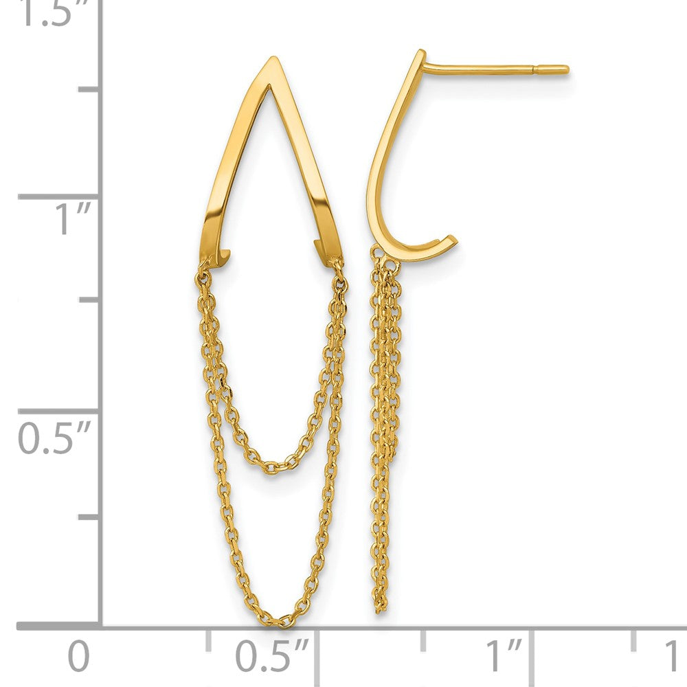 14k Polished V Design with Dangle Chain Post Earrings - Product Photo