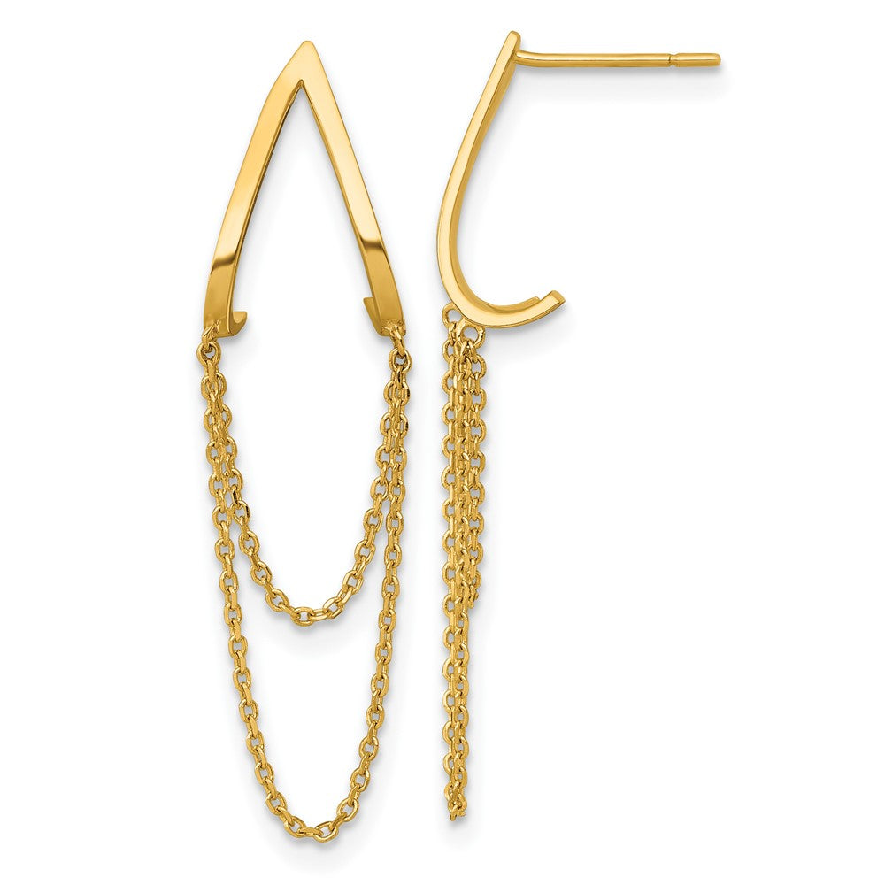 14K Yellow Gold Polished V Design with Dangle Chain Post Earrings