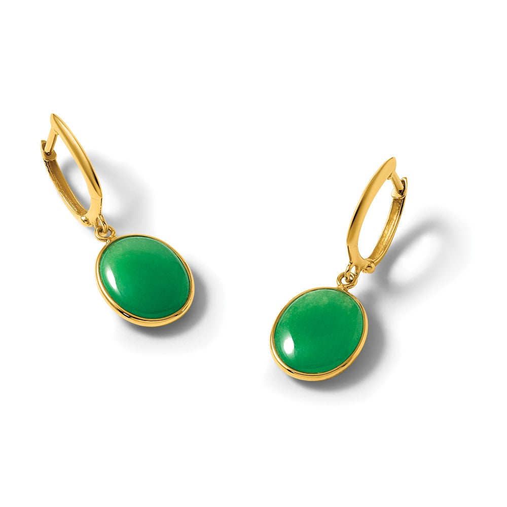 14K Polished Oval Jade Dangle Hinged Hoop Earrings - Product Photo