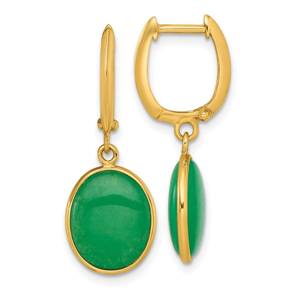14K Yellow Gold Polished Oval Jade Dangle Hinged Hoop Earrings