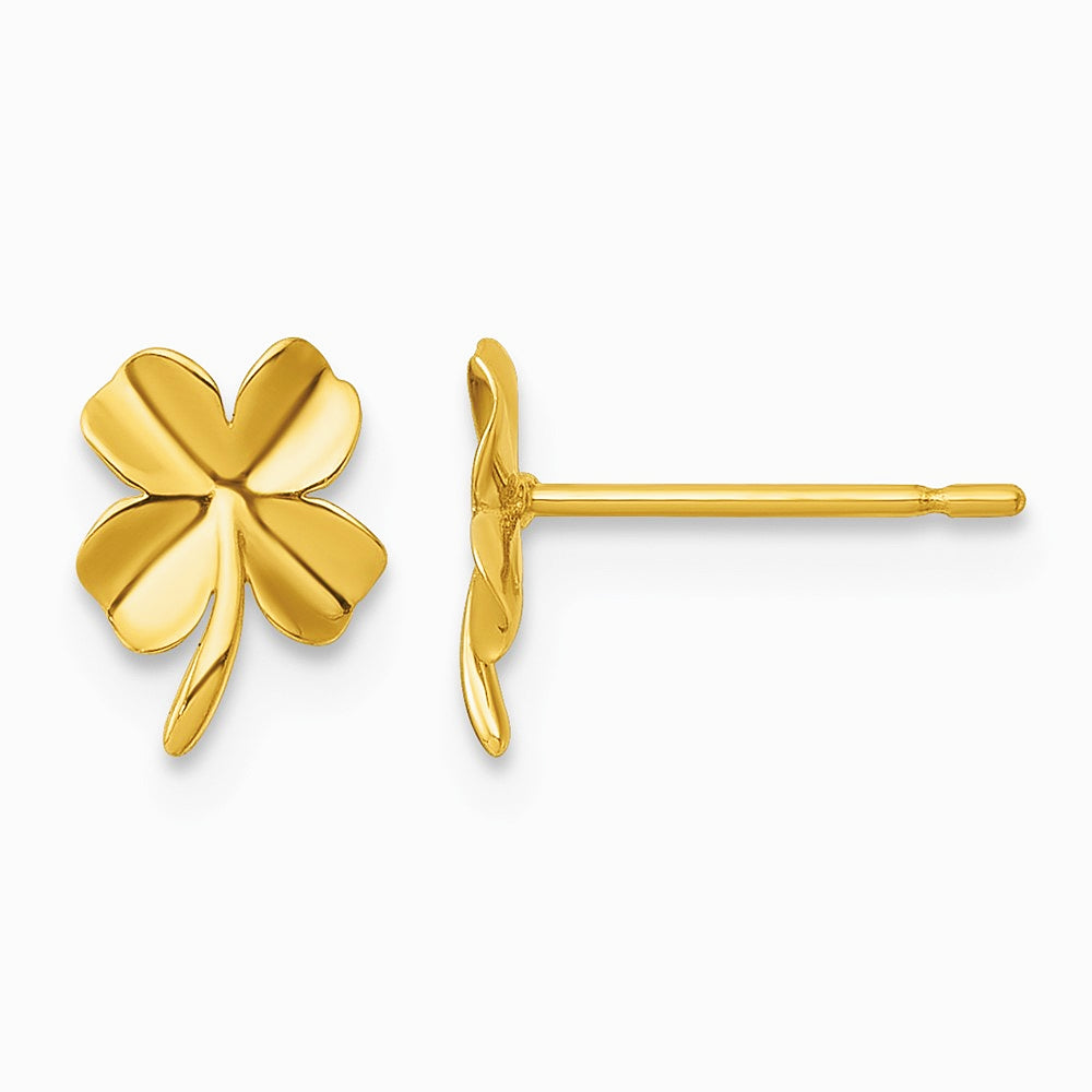 14K Yellow Gold Polished Four Leaf Clover Post Earrings - Product Photo