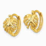 14K Yellow Gold Polished Monstera Leaf Hinged Round Hoop Earrings - Product Photo