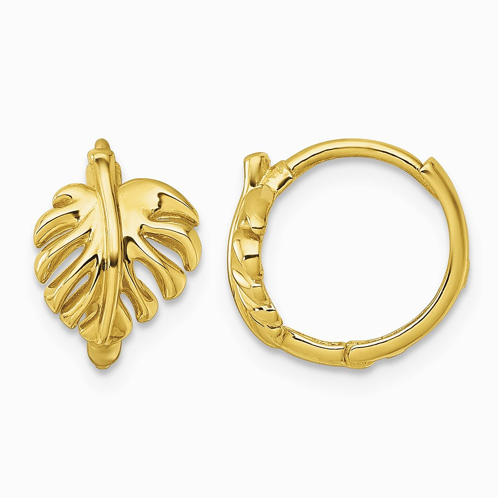 14K Yellow Gold Polished Monstera Leaf Hinged Round Hoop Earrings - Product Photo