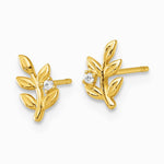 14K Yellow Gold Polished CZ Leaf Post Earrings - Product Photo
