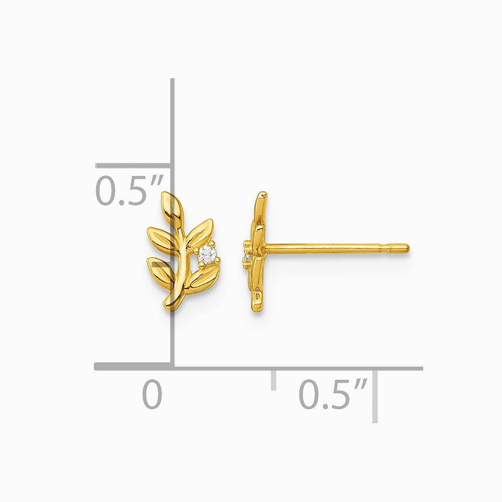 14K Yellow Gold Polished CZ Leaf Post Earrings - Product Photo
