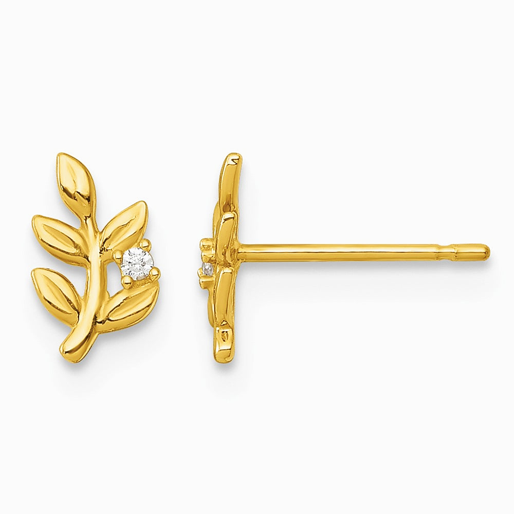 14K Yellow Gold Polished CZ Leaf Post Earrings - Product Photo