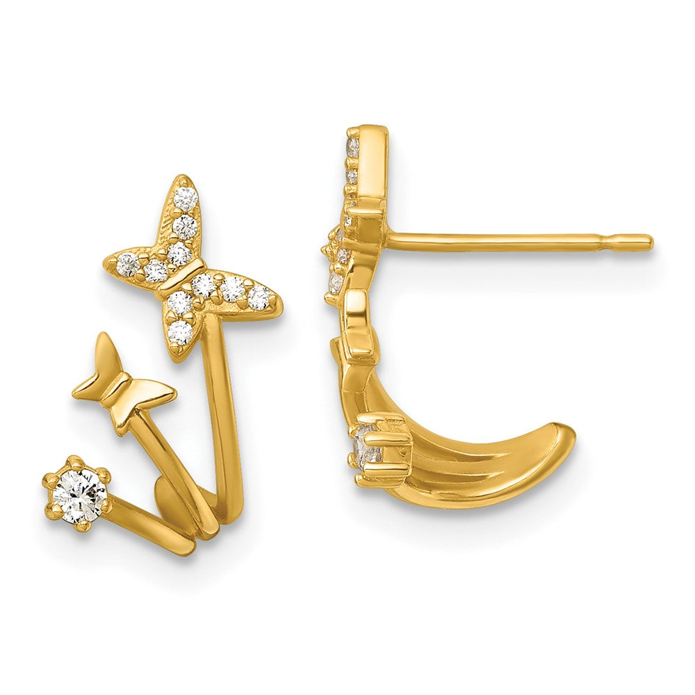 14K Yellow Gold Polished CZ Double Butterfly Post Cuff Earrings