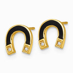 14K Yellow Gold Polished Black Enamel and CZ Horseshoe Post Earrings - Product Photo