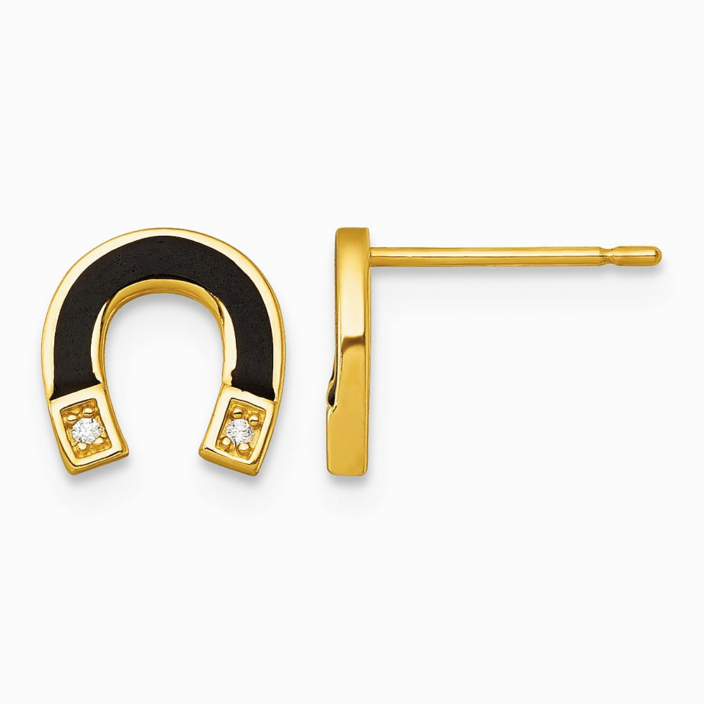 14K Yellow Gold Polished Black Enamel and CZ Horseshoe Post Earrings - Product Photo