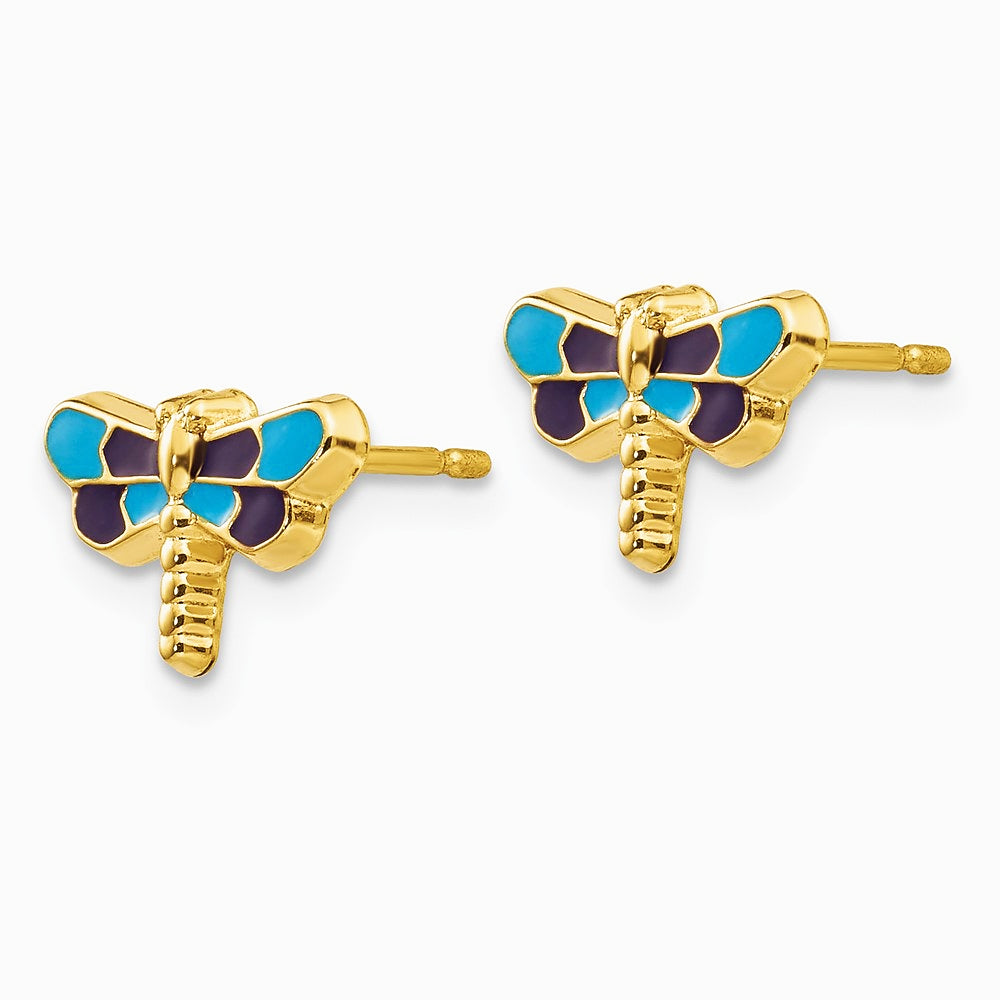 14K Yellow Gold Enameled Dragonfly Earrings - Product Photo