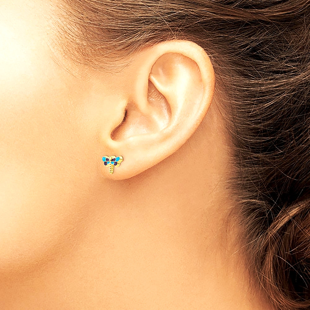 14K Yellow Gold Enameled Dragonfly Earrings - Product Photo