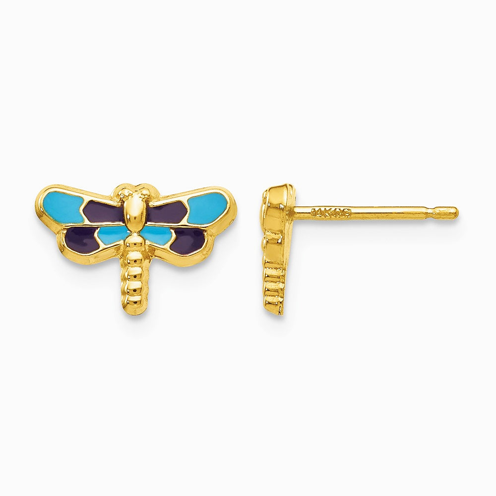 14K Yellow Gold Enameled Dragonfly Earrings