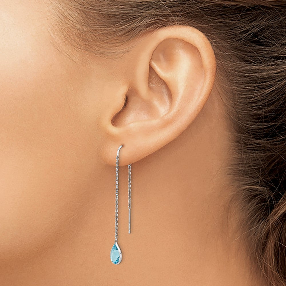 14K White Gold Blue Topaz Pear Bezel Threader Earrings - Product Photo