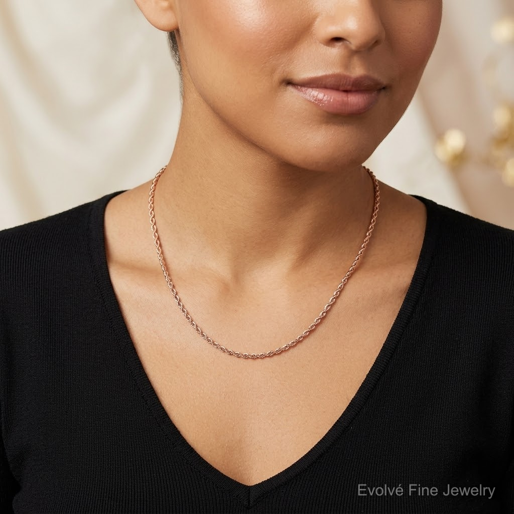 14k Rose Gold 2.25mm D/C Rope with Lobster Clasp Chain - Model Shot