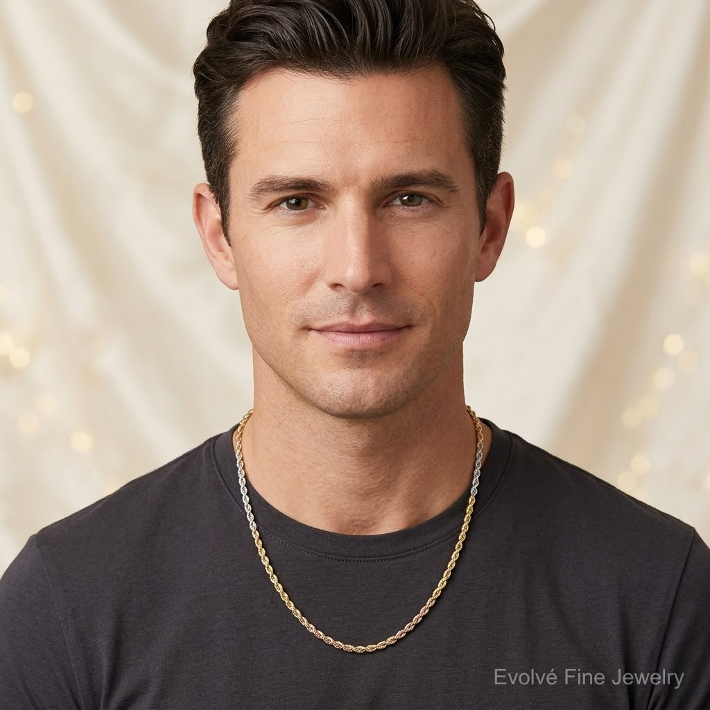 14k Tri-Color 2.5mm D/C Rope Chain - Model Shot