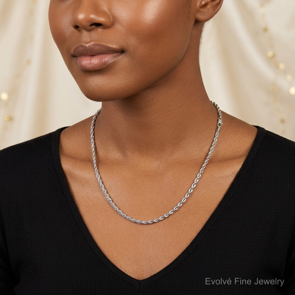 14k White Gold 3.25mm D/C Rope with Lobster Clasp Chain - Model Shot