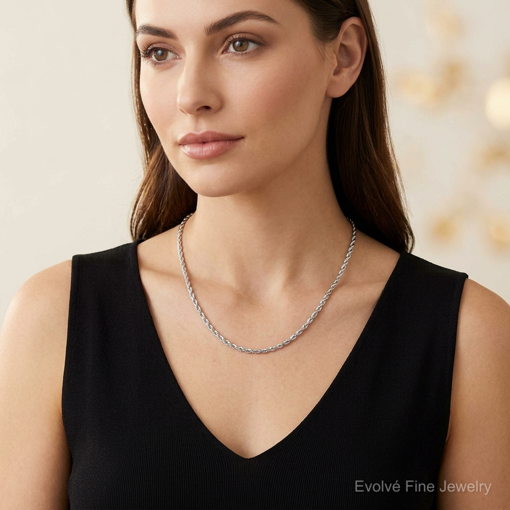 14k White Gold 3.5mm D/C Rope with Lobster Clasp Chain - Model Shot