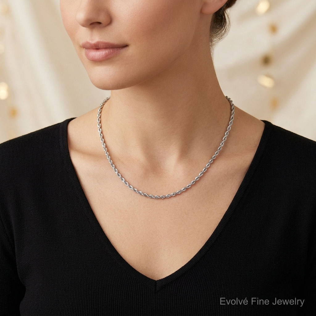 14k White Gold 4mm D/C Rope with Lobster Clasp Chain - Model Shot