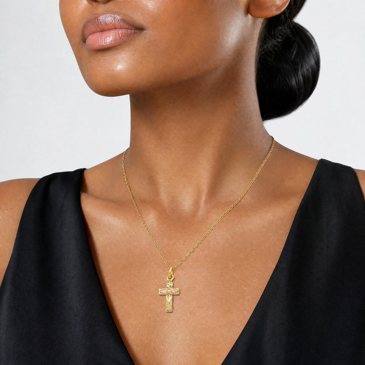 10k Tri-Color Black Hills Gold Cross Necklace - Model Shot