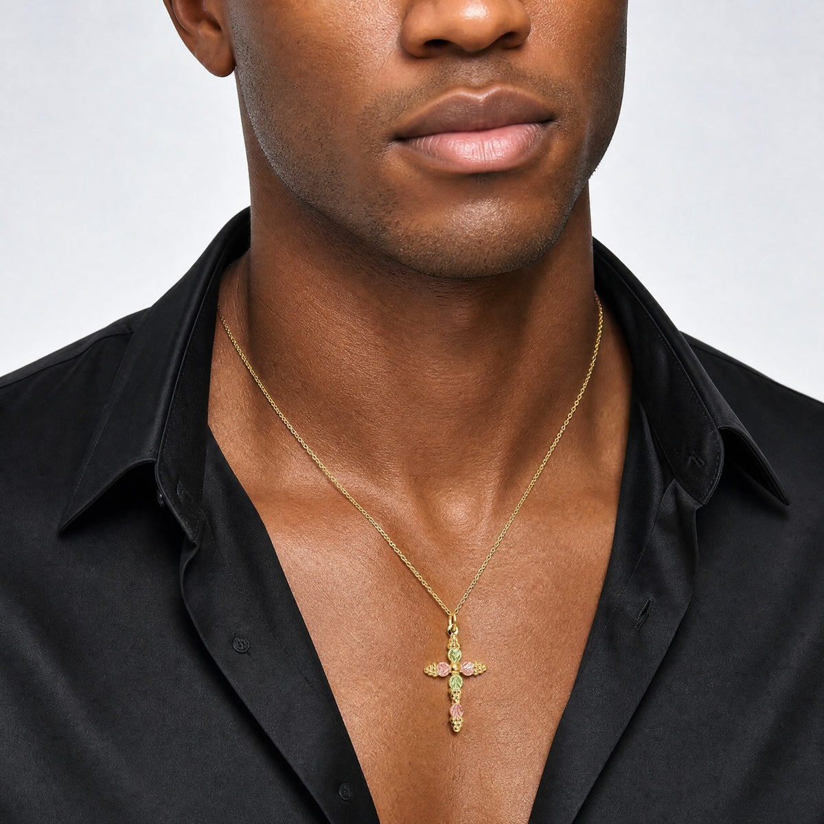 10k Tri-Color Black Hills Gold Cross Necklace - Model Shot
