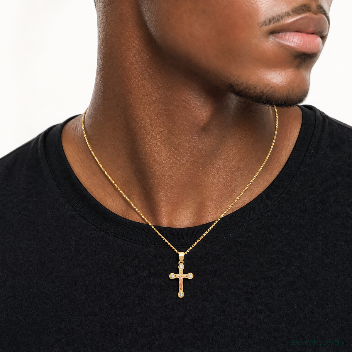 10k Two-tone Yellow and Rose Gold CZ Crucifix Pendant - Model Shot