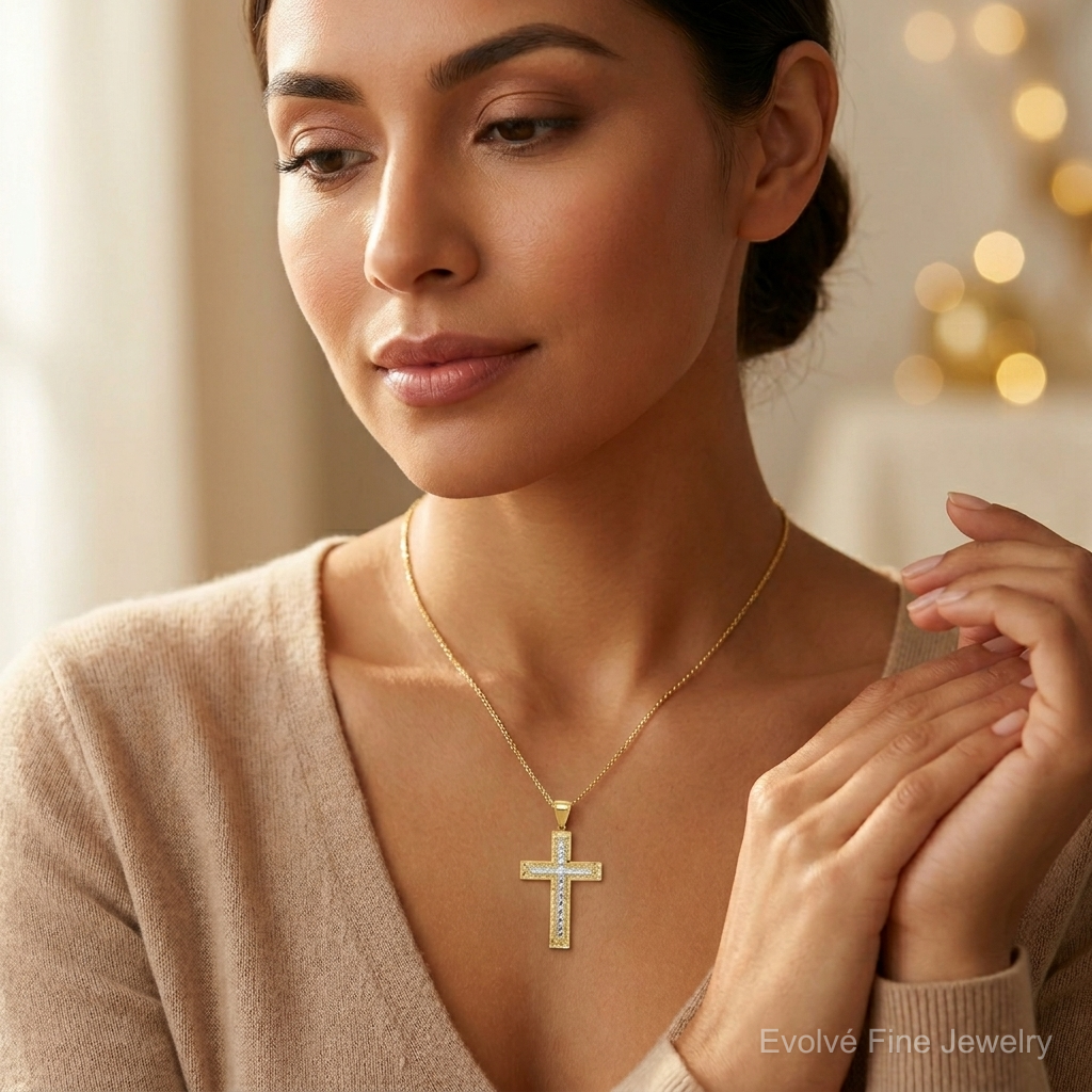 10K w/ Rhodium Diamond-Cut Cross Pendant - Model Shot