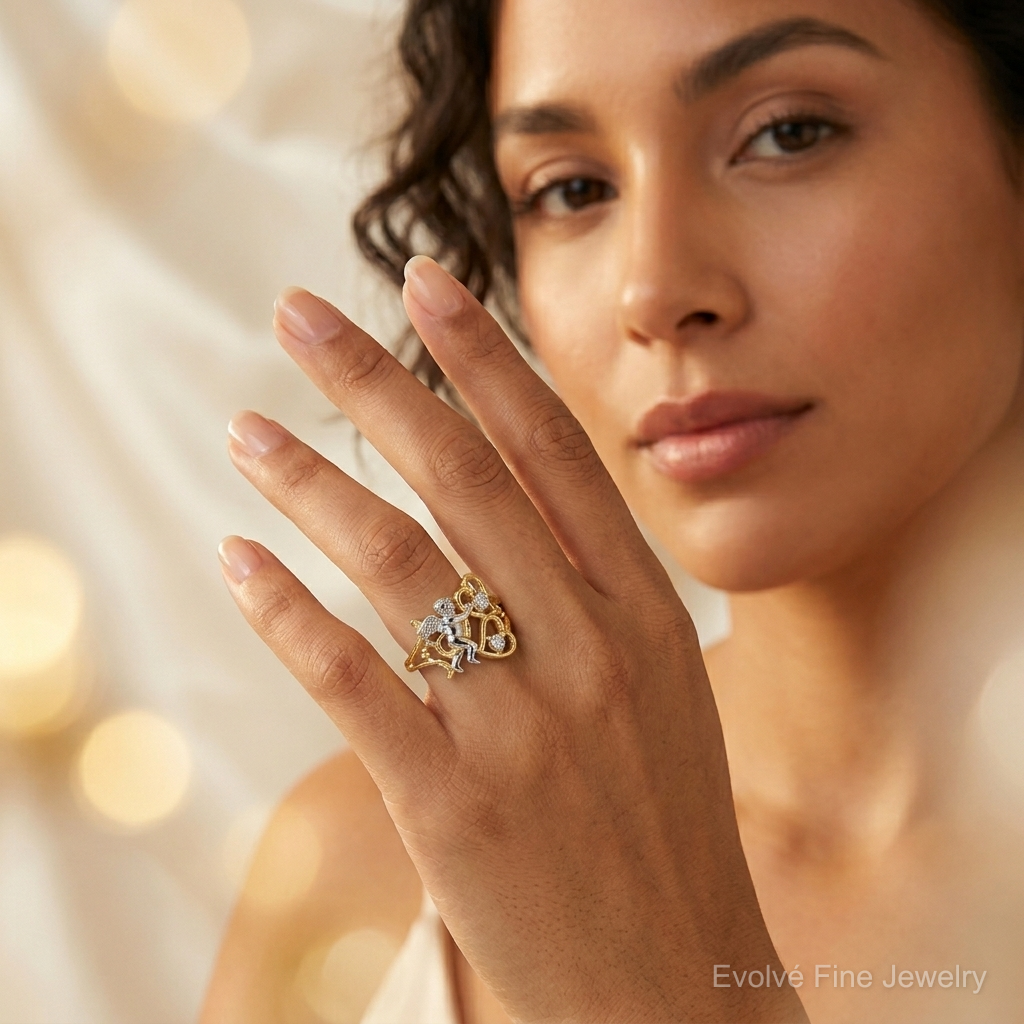 10k & Rhodium CZ Angel w/Hearts Ring - Model Shot