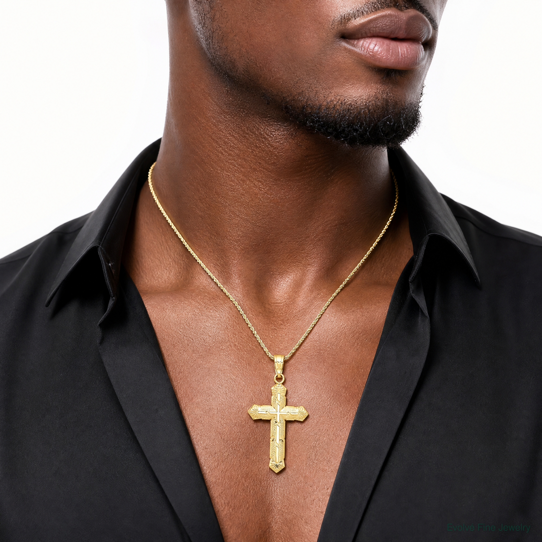 10k Passion Cross Pendant - Model Shot