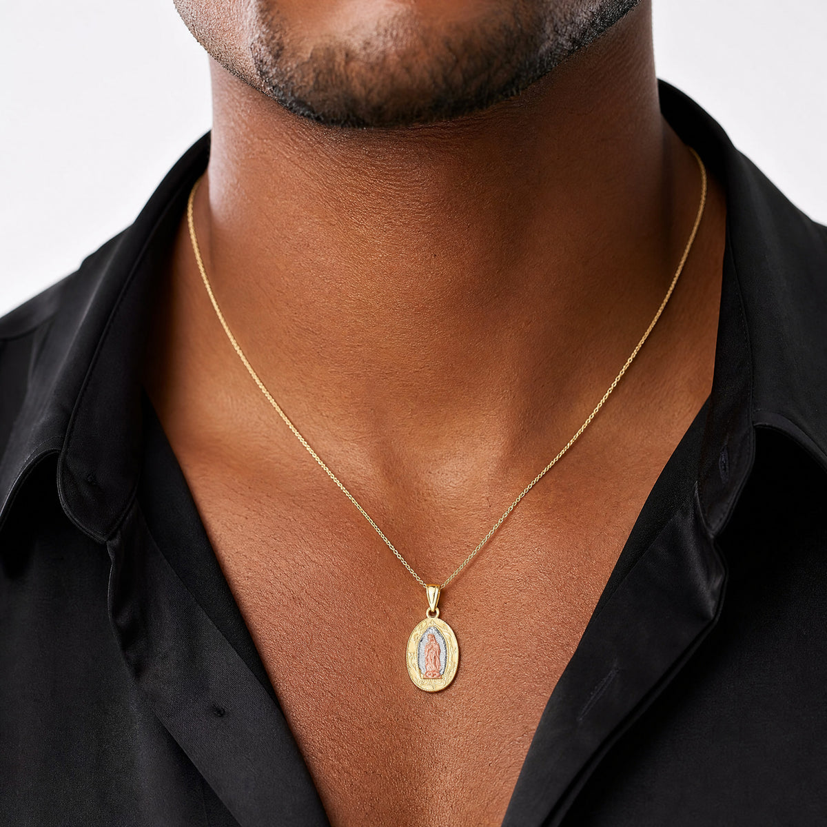 10K Two-Tone White Rhodium Lady Of Guadalupe Oval Pendant - Model Shot