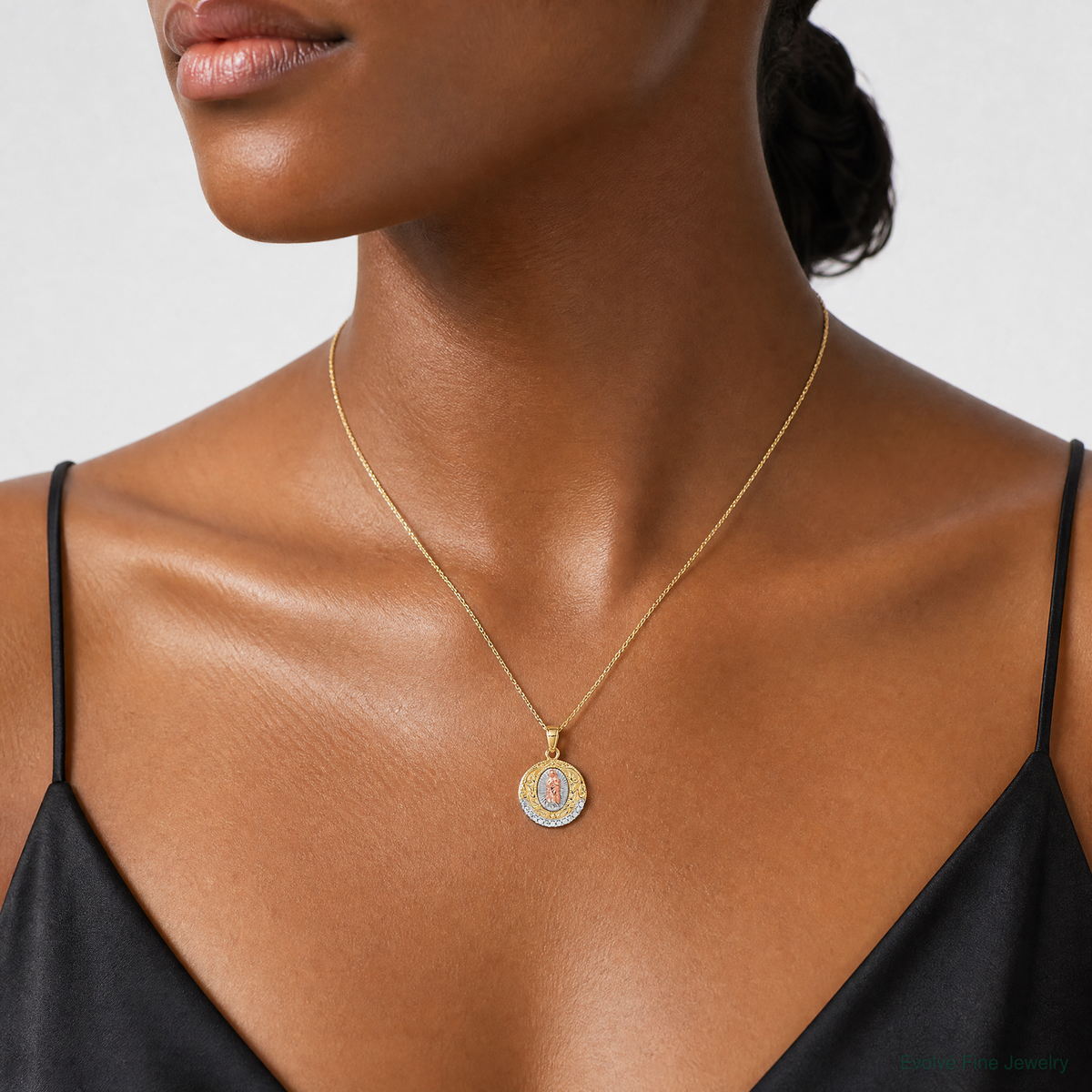 10K Two-Tone w/ Rhodium CZ Lady Of Guadalupe Round Pendant - Model Shot