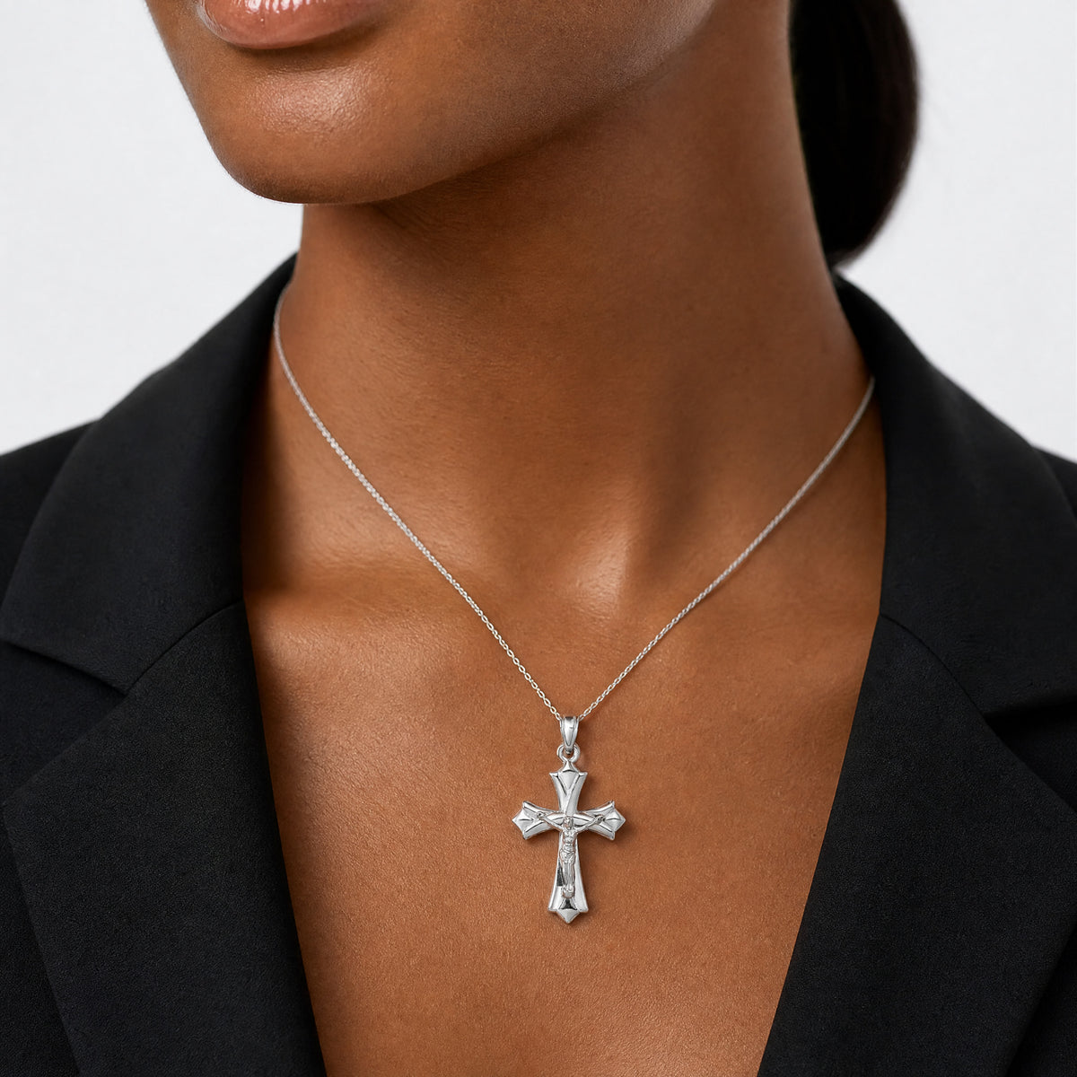 10k White Gold Reversible Crucifix /Cross Pendant - Model Shot