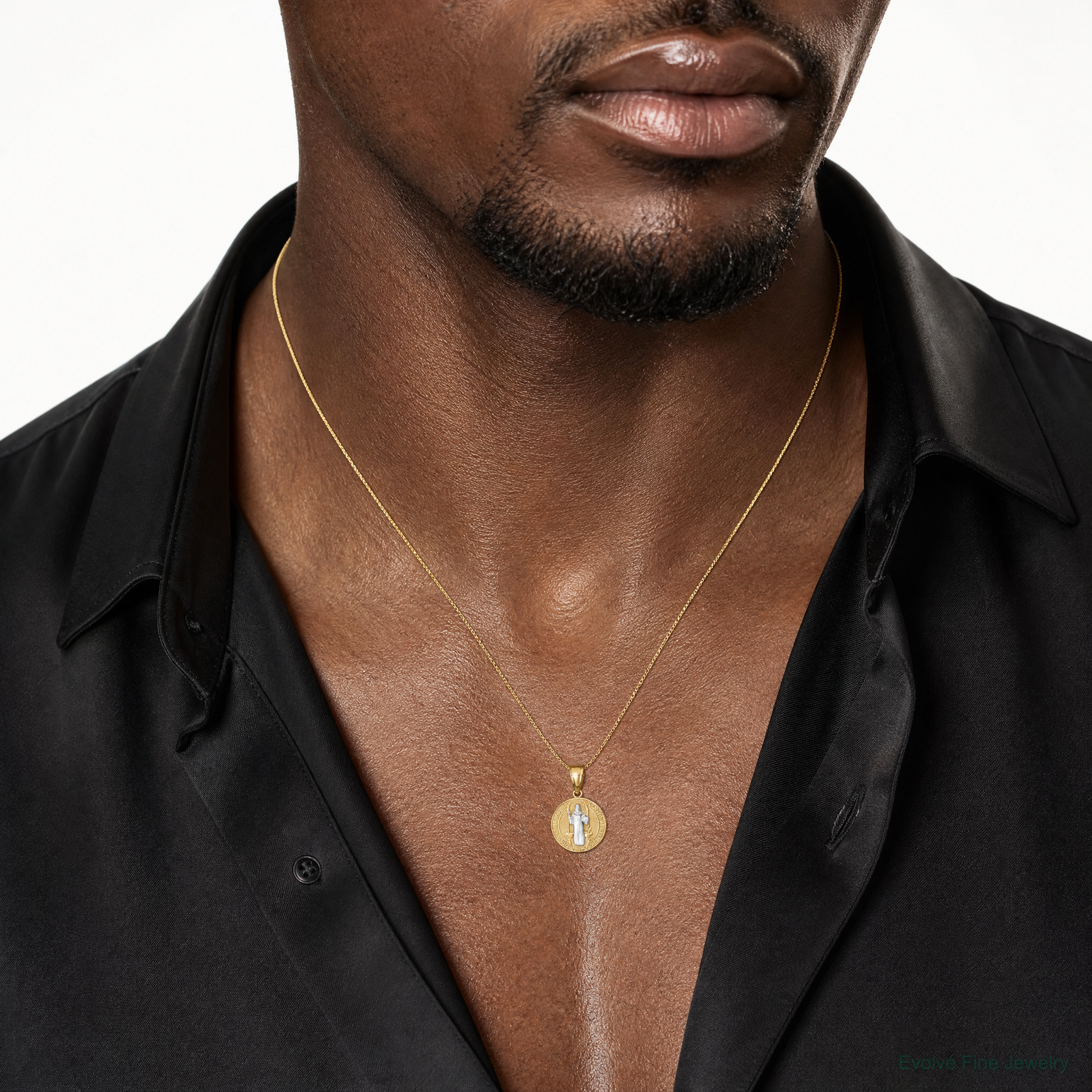 10K W/Rhodium San Benito Medal Pendant - Model Shot