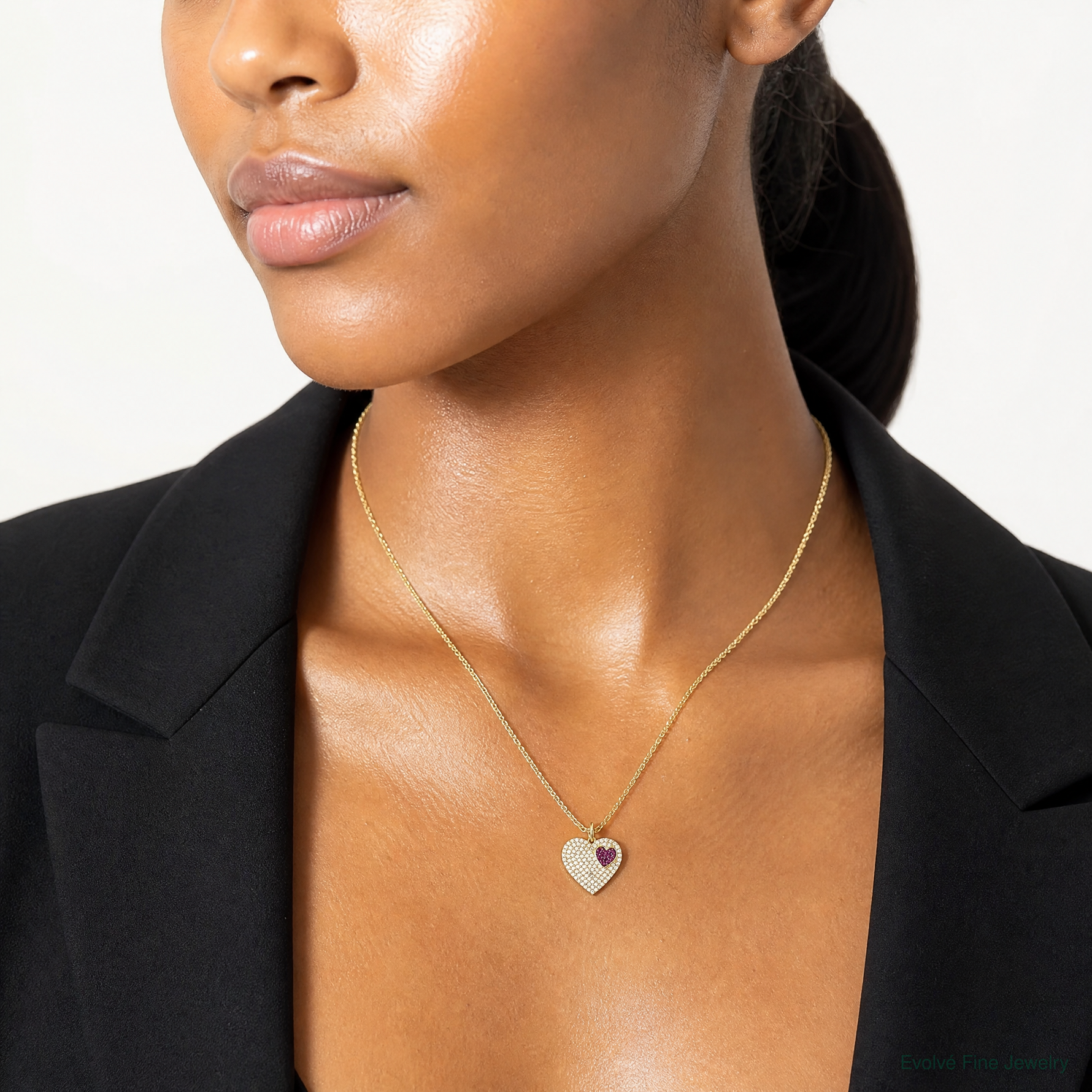 10K Polished Clear & Red CZ Heart Charm - Model Shot