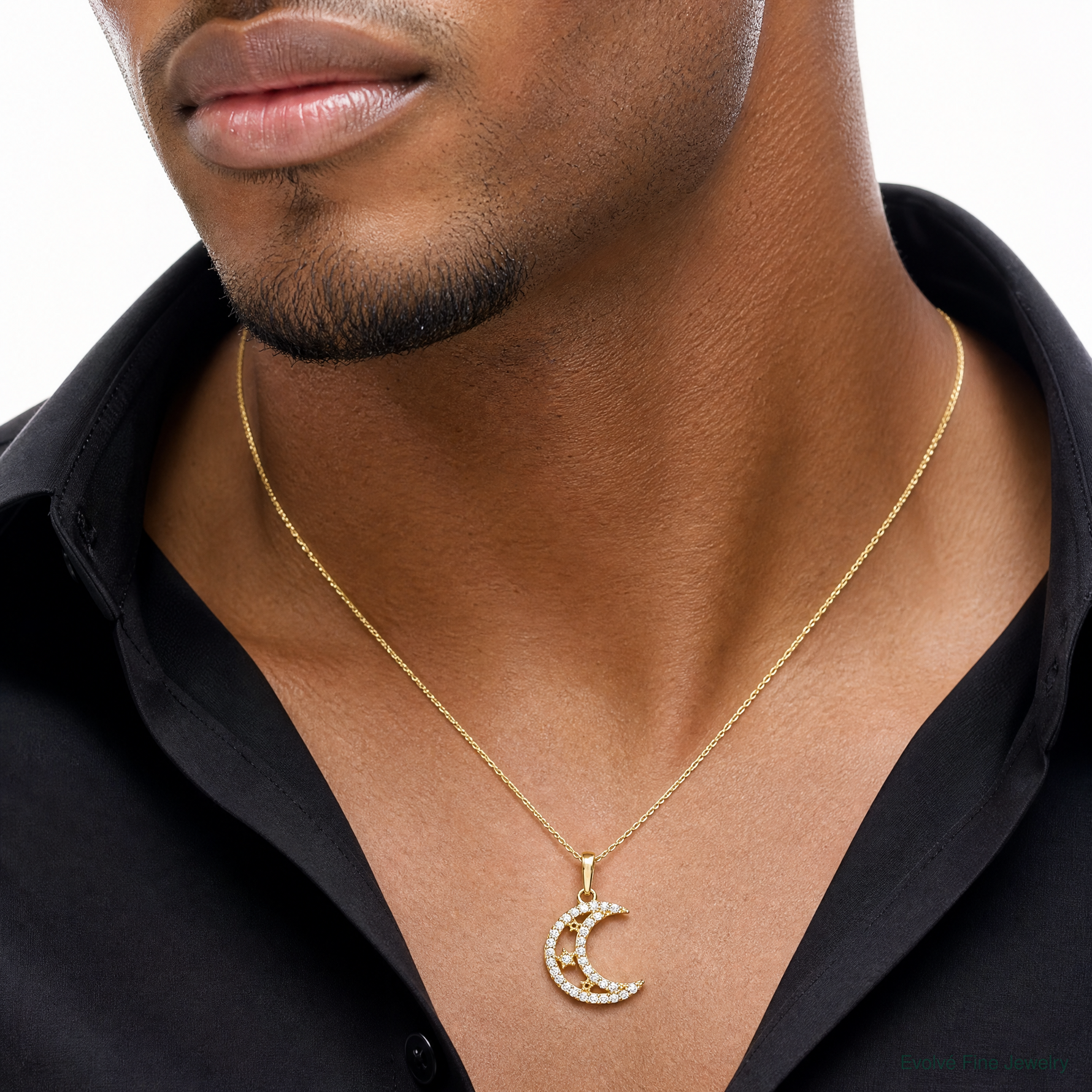 10K Polished Clear CZ Moon and Stars Charm - Model Shot
