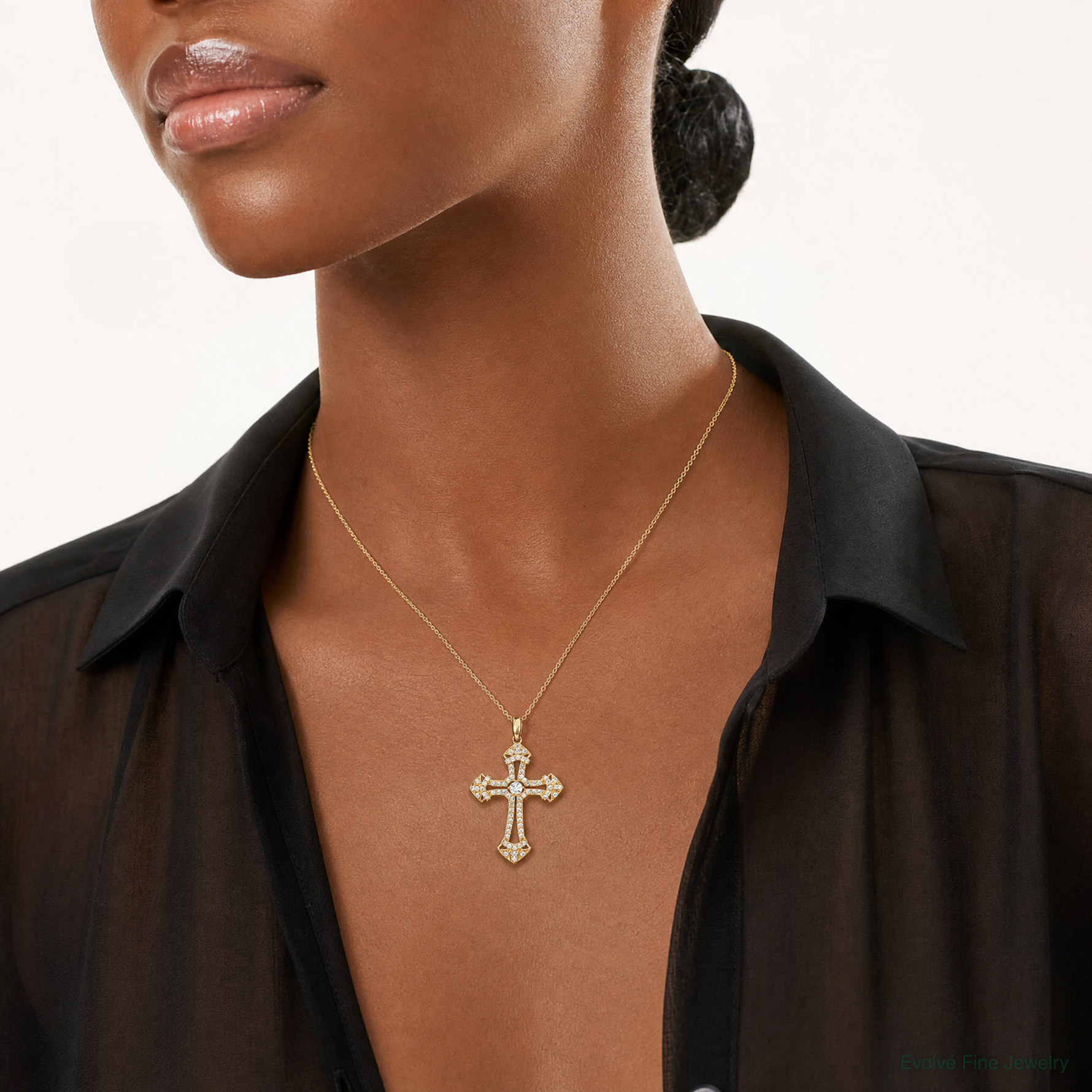 10K Polished CZ Fancy Cross Pendant - Model Shot