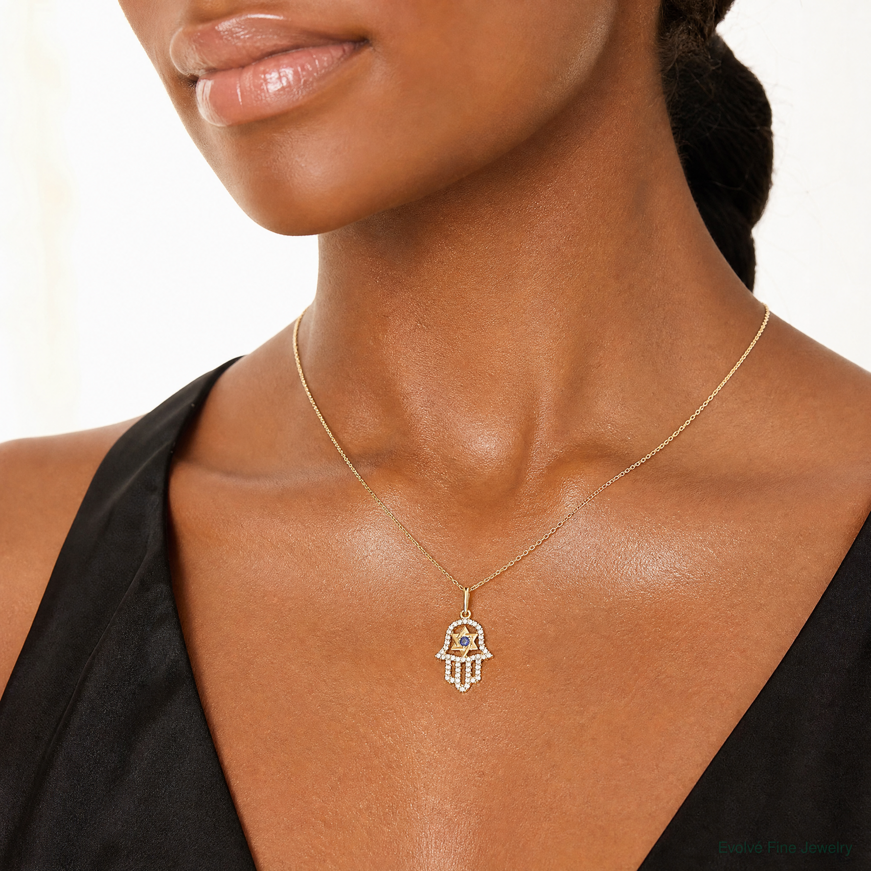 10K Polished CZ Evil Eye Hamsa Charm - Model Shot