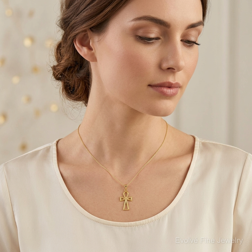 10K Ankh Cross Charm - Model Shot