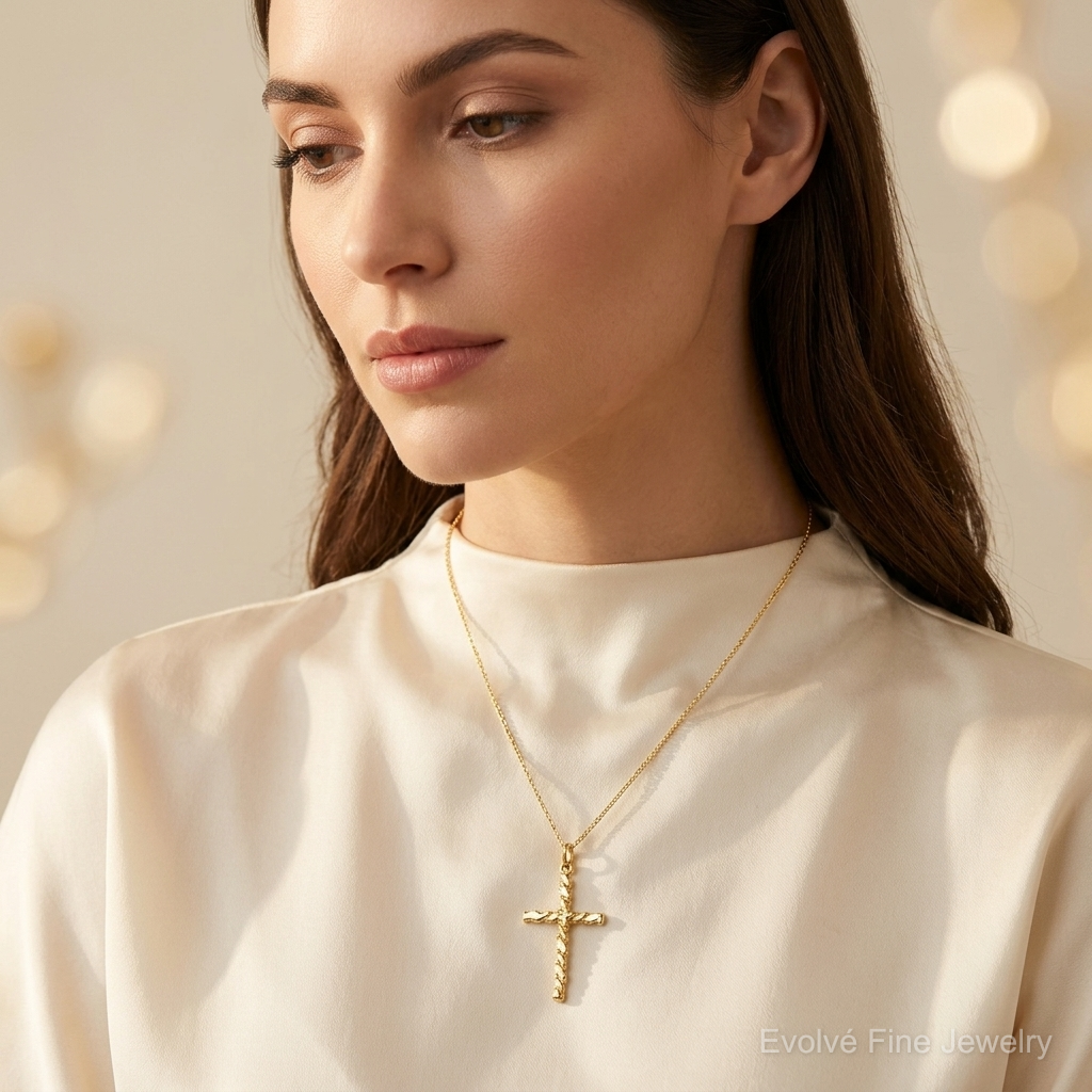 10K Nugget Cross Charm - Model Shot