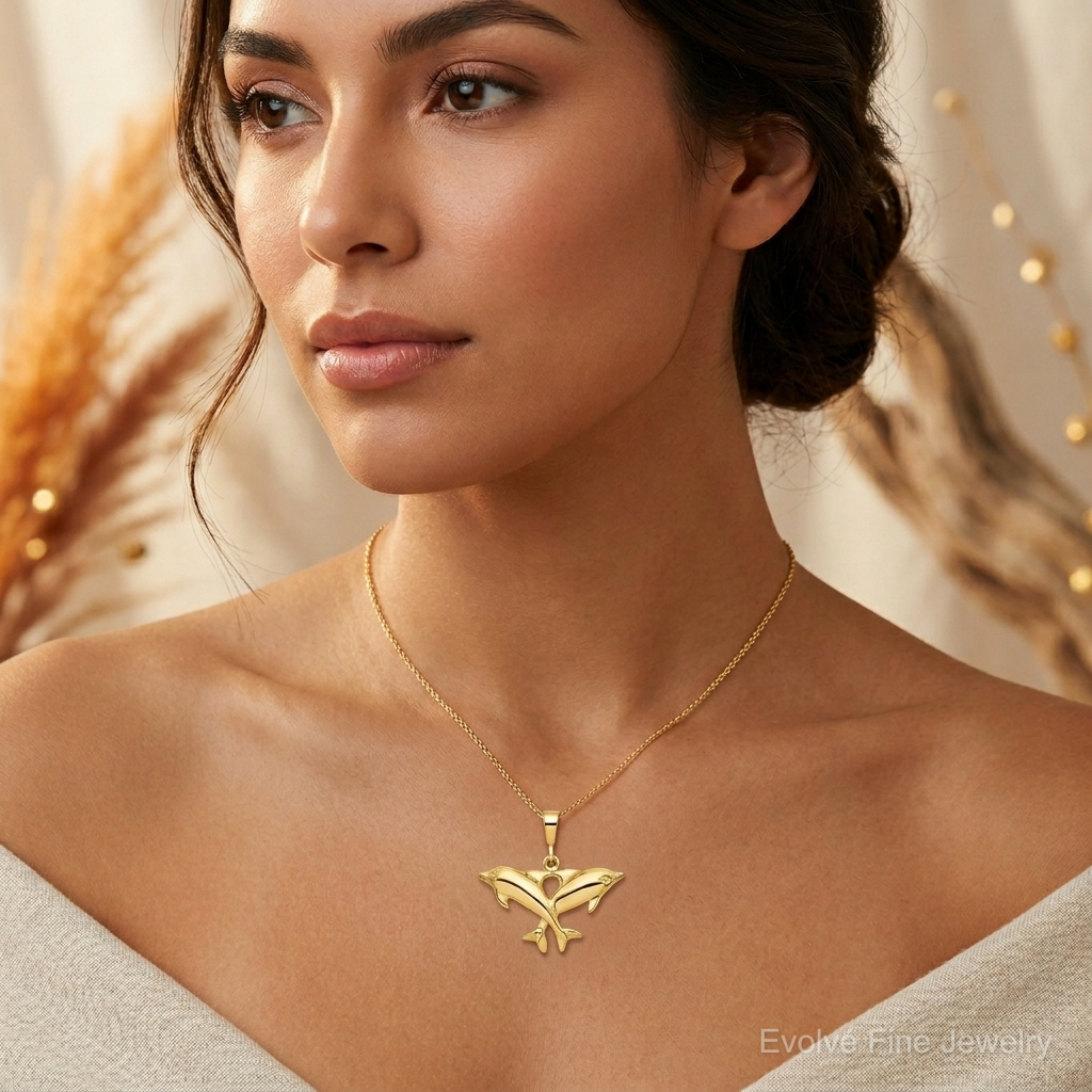 10k Solid Polished Twin Dolphins Charm - Model Shot